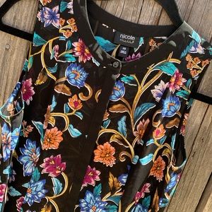 Nichol Miller neon floral on black duster/ beach cover up.